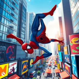 A dynamic and vibrant illustration of Spider-Man swinging through a bustling cityscape