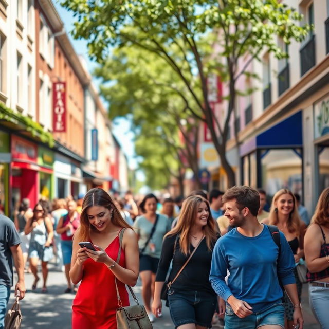 A bustling city street scene on a sunny day, filled with people walking and chatting