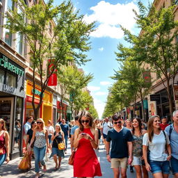 A bustling city street scene on a sunny day, filled with people walking and chatting