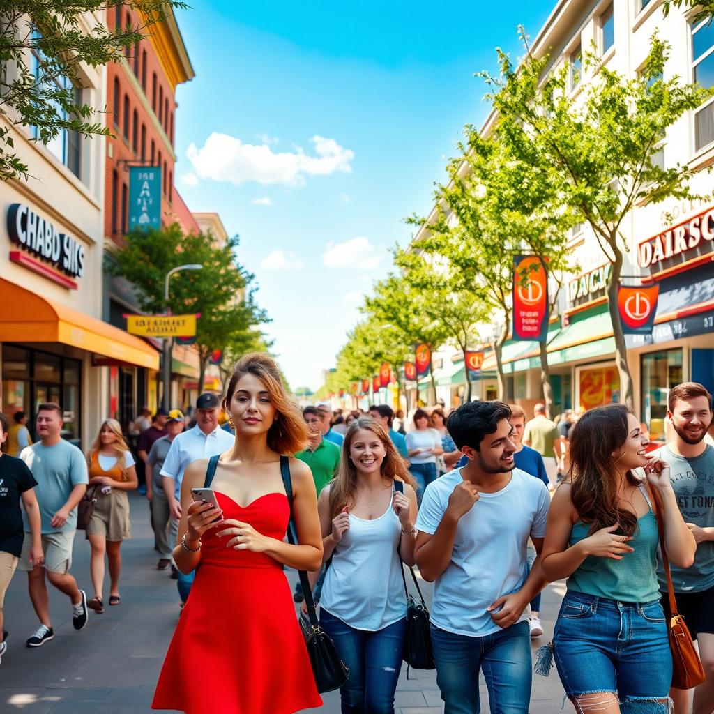 A bustling city street scene on a sunny day, filled with people walking and chatting