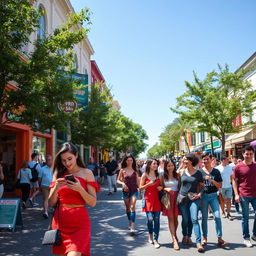 A bustling city street scene on a sunny day, filled with people walking and chatting