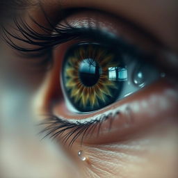 A close-up view of a human eye shedding tears, capturing the detailed texture of the eye and the glistening tear droplets