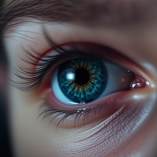 A close-up view of a human eye shedding tears, capturing the detailed texture of the eye and the glistening tear droplets