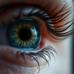 A close-up view of a human eye shedding tears, capturing the detailed texture of the eye and the glistening tear droplets
