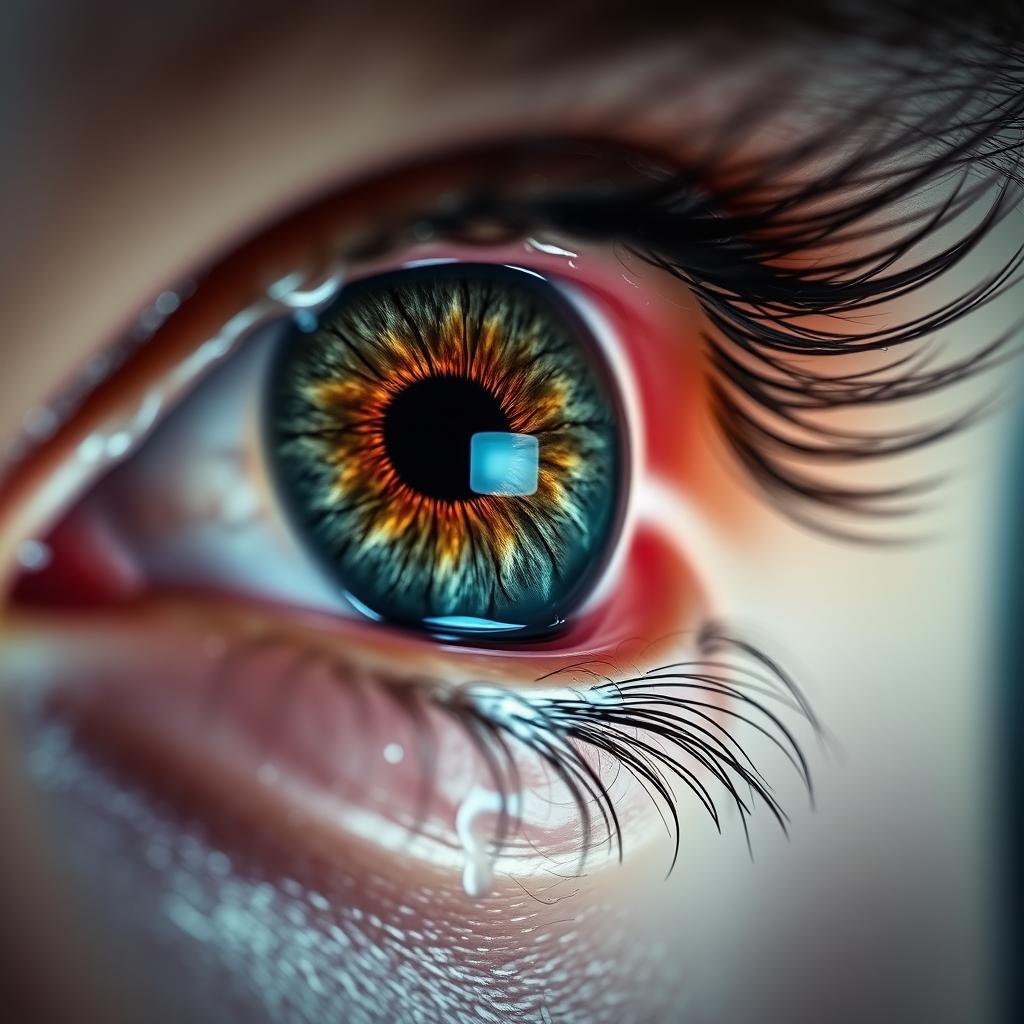 A close-up view of a human eye shedding tears, capturing the detailed texture of the eye and the glistening tear droplets