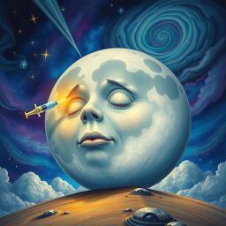 A surreal scene depicting a large, anthropomorphized moon with a face, appearing sickly