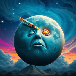 A surreal scene depicting a large, anthropomorphized moon with a face, appearing sickly