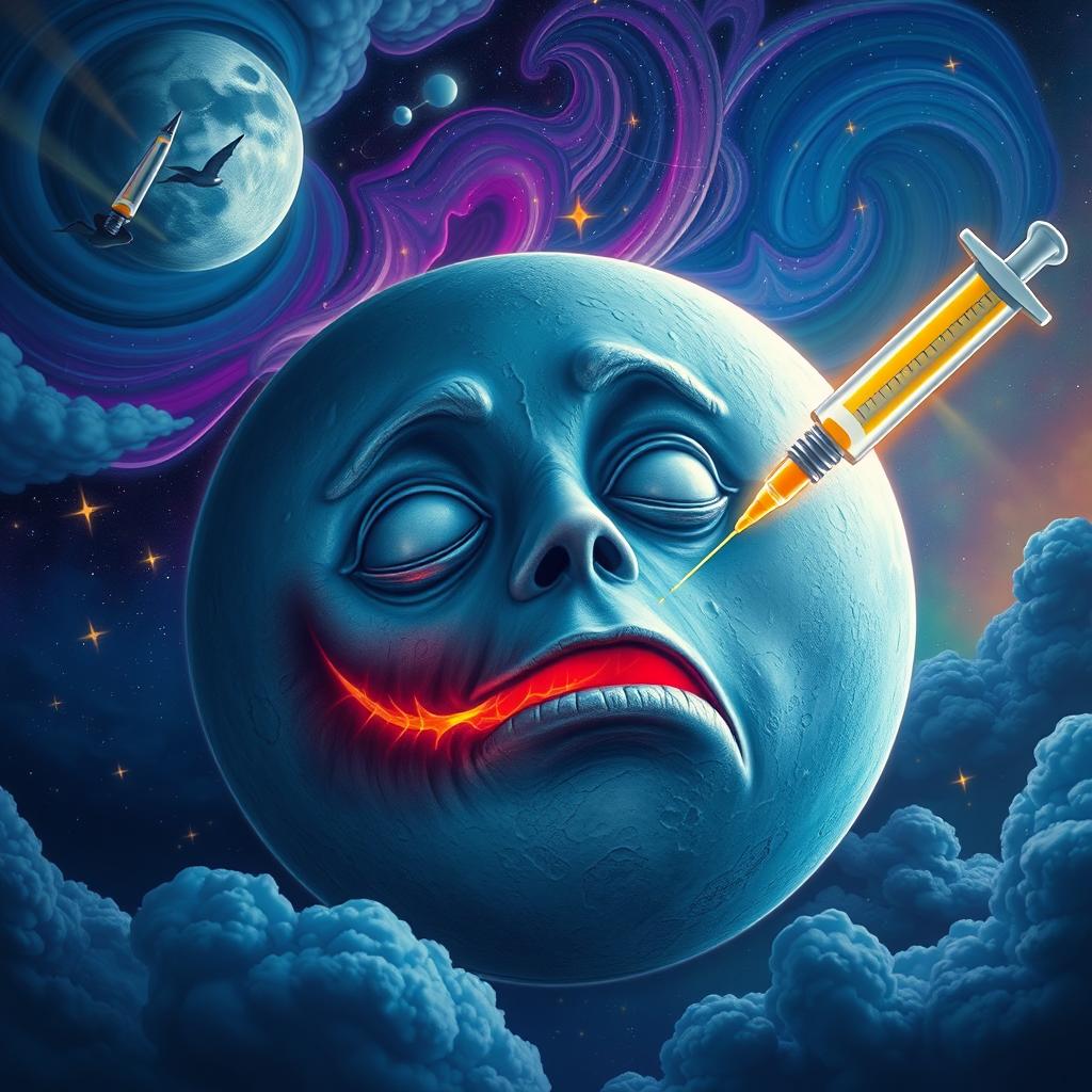 A surreal scene depicting a large, anthropomorphized moon with a face, appearing sickly