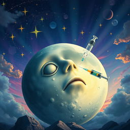 A surreal scene depicting a large, anthropomorphized moon with a face, appearing sickly