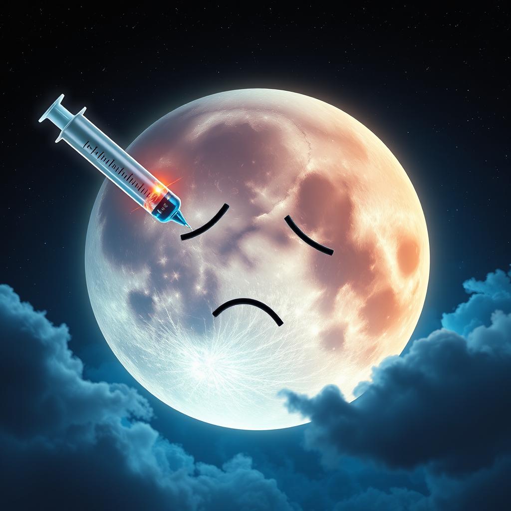 A surreal image depicting a large, luminous moon with a slightly distressed expression, surrounded by a starry night sky