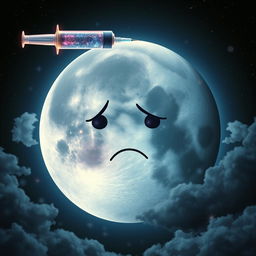 A surreal image depicting a large, luminous moon with a slightly distressed expression, surrounded by a starry night sky