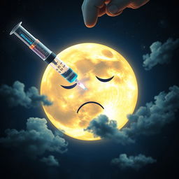 A surreal image depicting a large, luminous moon with a slightly distressed expression, surrounded by a starry night sky