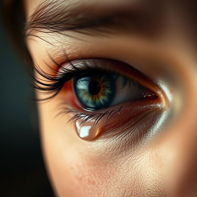 A close-up of a human eye shedding tears, capturing the intricate details of the eye, including the vibrant iris, delicate eyelashes, and the shimmering tears rolling down the cheek