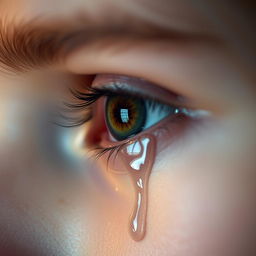 A close-up of a human eye shedding tears, capturing the intricate details of the eye, including the vibrant iris, delicate eyelashes, and the shimmering tears rolling down the cheek