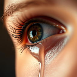 A close-up of a human eye shedding tears, capturing the intricate details of the eye, including the vibrant iris, delicate eyelashes, and the shimmering tears rolling down the cheek
