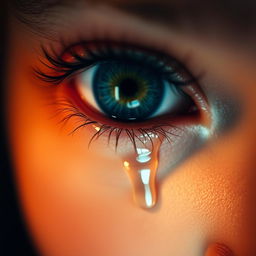 A close-up of a human eye shedding tears, capturing the intricate details of the eye, including the vibrant iris, delicate eyelashes, and the shimmering tears rolling down the cheek
