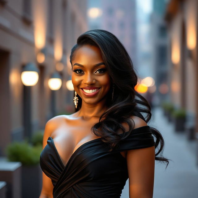 A glamorous and confident Black woman with an alluring smile, wearing a stylish and form-fitting evening gown that accentuates her curves