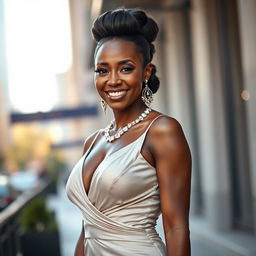 A glamorous and confident Black woman with an alluring smile, wearing a stylish and form-fitting evening gown that accentuates her curves