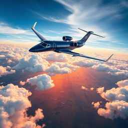 A luxurious private jet soaring high above the clouds, glistening in the sunlight