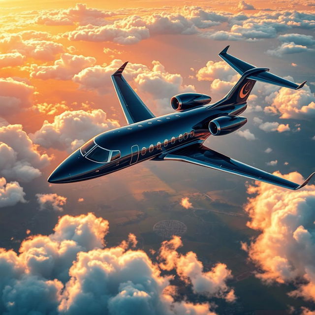 A luxurious private jet soaring high above the clouds, glistening in the sunlight