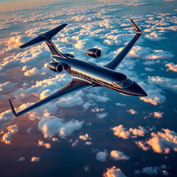 A luxurious private jet soaring high above the clouds, glistening in the sunlight