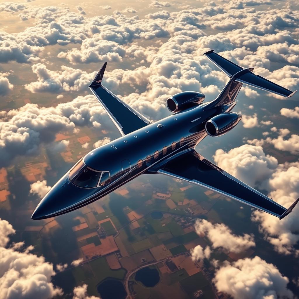 A luxurious private jet soaring high above the clouds, glistening in the sunlight