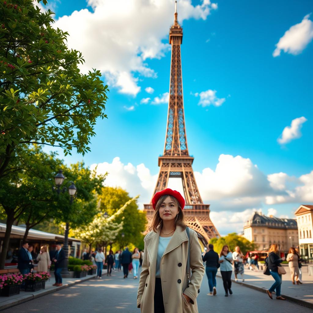 A beautifully composed image of a person standing in front of the Eiffel Tower in Paris, surrounded by lush green trees and blooming flowers in a charming park