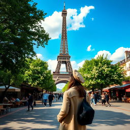 A beautifully composed image of a person standing in front of the Eiffel Tower in Paris, surrounded by lush green trees and blooming flowers in a charming park