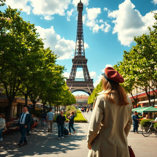 A beautifully composed image of a person standing in front of the Eiffel Tower in Paris, surrounded by lush green trees and blooming flowers in a charming park