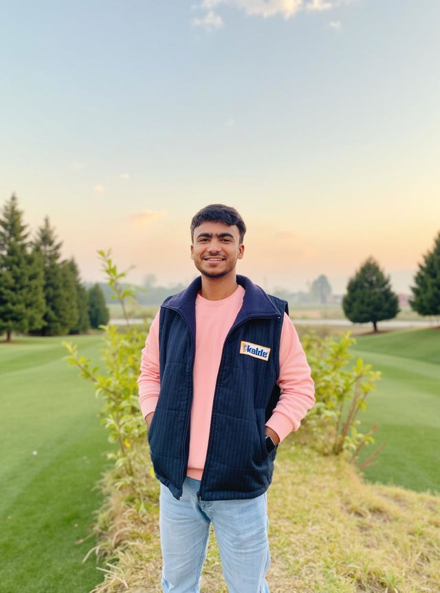 A young man standing in a beautiful golf field during sunrise, with a serene atmosphere and lush green grass