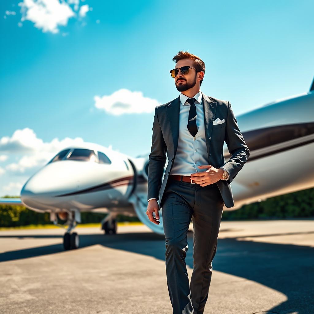 A stylish man in a tailored suit confidently striding towards a sleek, luxury private jet parked on a pristine tarmac