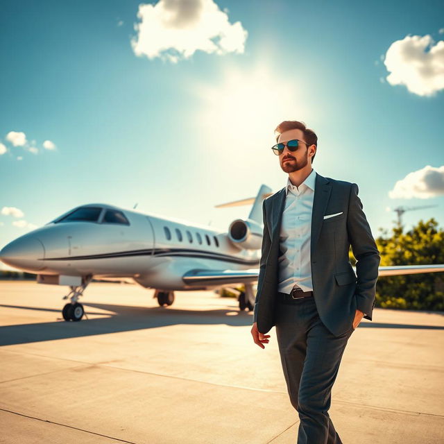 A stylish man in a tailored suit confidently striding towards a sleek, luxury private jet parked on a pristine tarmac