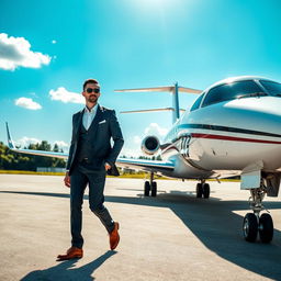 A stylish man in a tailored suit confidently striding towards a sleek, luxury private jet parked on a pristine tarmac