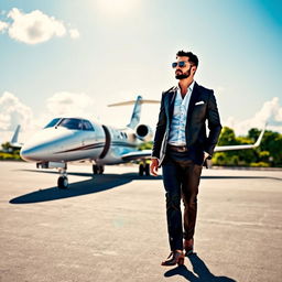 A stylish man in a tailored suit confidently striding towards a sleek, luxury private jet parked on a pristine tarmac