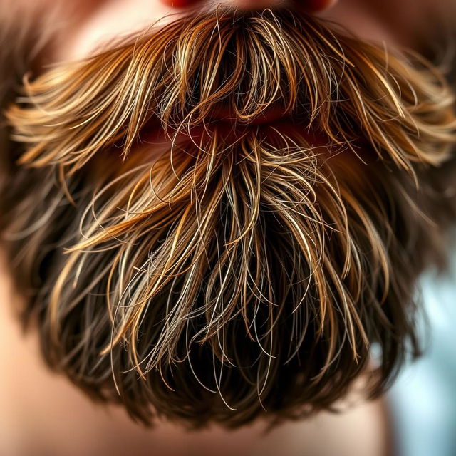 A detailed, close-up texture of a beard and mustache, showcasing the intricate hair strands and variations in color and thickness