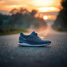 A stunning scene capturing an Asics Superblast 2 sneaker in a greyish-purple color, placed on a smooth asphalt road during the early morning