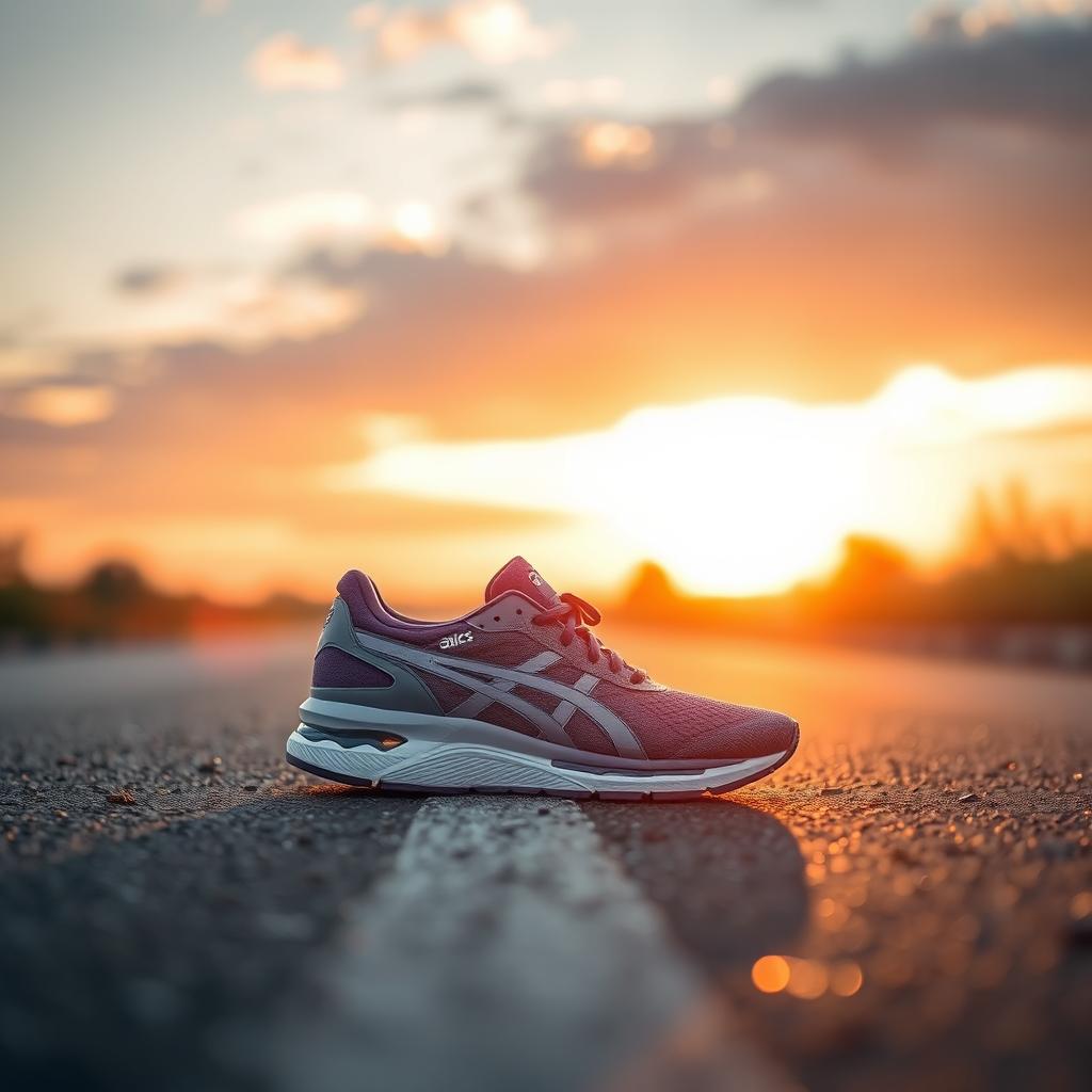 A stunning scene capturing an Asics Superblast 2 sneaker in a greyish-purple color, placed on a smooth asphalt road during the early morning