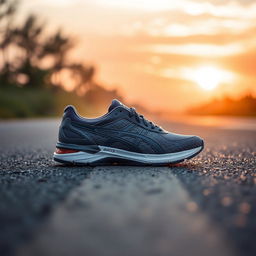 A stunning scene capturing an Asics Superblast 2 sneaker in a greyish-purple color, placed on a smooth asphalt road during the early morning
