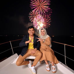 A handsome Indonesian man with neat short hair, wearing a yellow shirt, black jacket, light brown pants, and white sneakers, poses alongside a beautiful Indonesian woman in a hijab and a light brown dress with white shoes