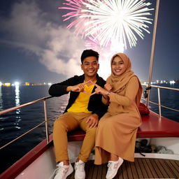 A handsome Indonesian man with neat short hair, wearing a yellow shirt, black jacket, light brown pants, and white sneakers, poses alongside a beautiful Indonesian woman in a hijab and a light brown dress with white shoes