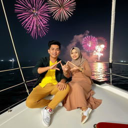 A handsome Indonesian man with neat short hair, wearing a yellow shirt, black jacket, light brown pants, and white sneakers, poses alongside a beautiful Indonesian woman in a hijab and a light brown dress with white shoes