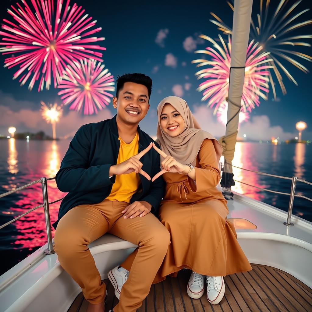 A handsome Indonesian man with neat short hair, wearing a yellow shirt, black jacket, light brown pants, and white sneakers, poses alongside a beautiful Indonesian woman in a hijab and a light brown dress with white shoes