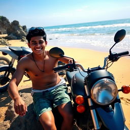 A young Sri Lankan male in casual beach attire, sitting on a rock near a beautiful beach