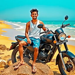 A young Sri Lankan male in casual beach attire, sitting on a rock near a beautiful beach