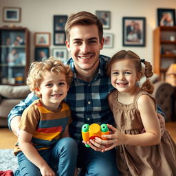 A heartwarming family portrait featuring a father and his two children in a cozy living room