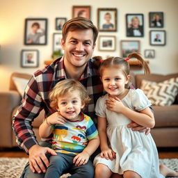 A heartwarming family portrait featuring a father and his two children in a cozy living room