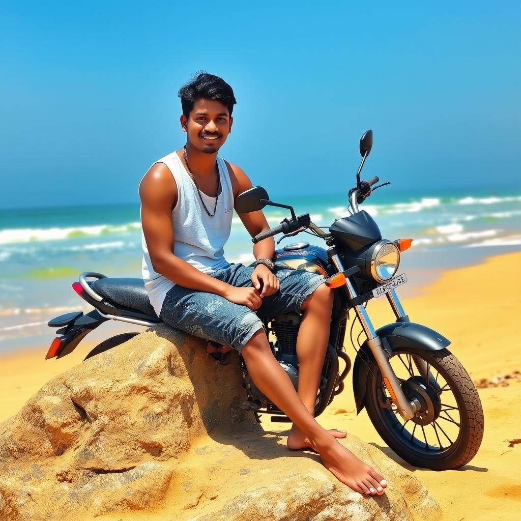 A young Sri Lankan male in casual beach attire, sitting on a rock near a beautiful beach