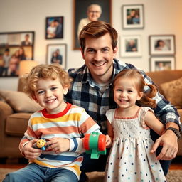 A heartwarming family portrait featuring a father and his two children in a cozy living room