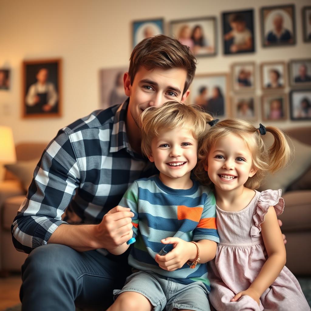 A heartwarming family portrait featuring a father and his two children in a cozy living room