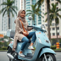 A beautiful Indonesian woman with a slender hijab, casually dressed in a long shirt, jeans, and sneakers, is sitting on a light blue scooter